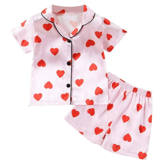 Valentine's Day Pajama Girls Set Cute Hearts Printed Button Down Short Sleeve Top and Shorts 2 Piece Outfits Red 5-6 Years