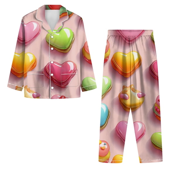 Valentine's Day Pajama Set for Women - Long Sleeve Button Down Heart Print Sleepwear with Matching Pants Watermelon Red XXL