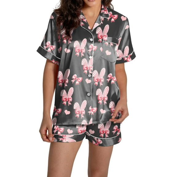 Valentine's Day Pajamas Matching Pajamas For Couples Pajama Sets For Women Short Sleeves Shorts Pants Heart Love Bow Print Cute Rabbit Button Down Shirt Pajamas