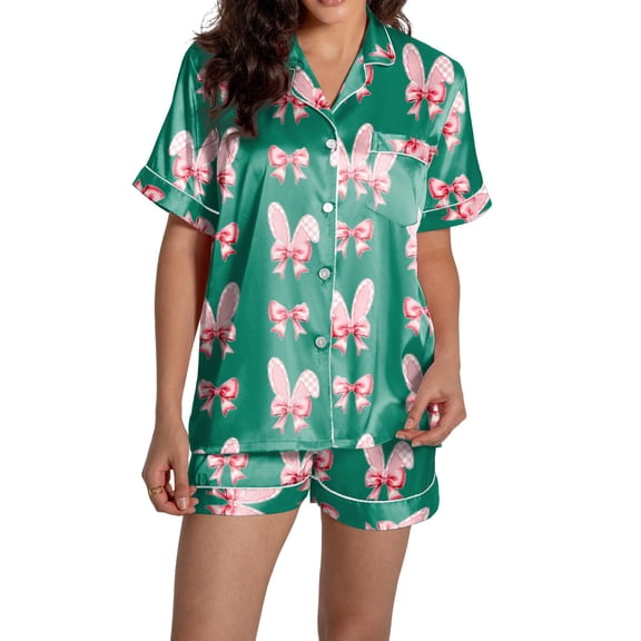 Valentine's Day Pajamas Matching Pajamas For Couples Pajama Sets For Women Short Sleeves Shorts Pants Heart Love Bow Print Cute Rabbit Button Down Shirt Pajamas