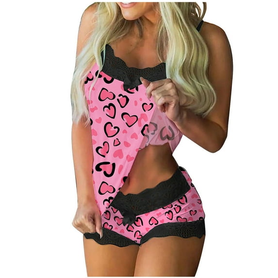 Valentine's Day Pajamas Set Women qolati Sexy Love Heart Print Camisole Lingerie 2 Piece Pjs Sets Comfy Cami Shorts Sets Sleepwear Lounge Sets