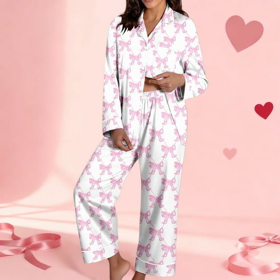 Valentine's Day Pajamas Sets Women Cute Pink Heart Print Pjs Sets Shirt Top Pants 2 Piece Sets Sleepwear Pink L