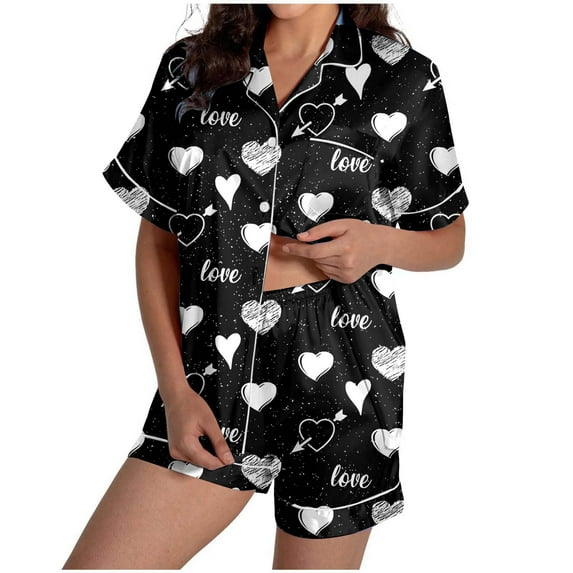 Valentine's Day Pajamas for Women Silk Soft Sleepwear Short Sleeve Button Down Pjs Satin Top and Shorts 2 Piece Lounge Set, Womens Pajama Sets - Set Plus Size Nightwear Summer Sets Size S