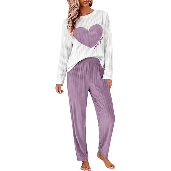 Valentine's Day Pajamas for Women Set Evening Lounge Womens Pajama Sets Crew Neck Soft Pj Set Elbow Sleeve Matching Pjs for Couples Light Violet