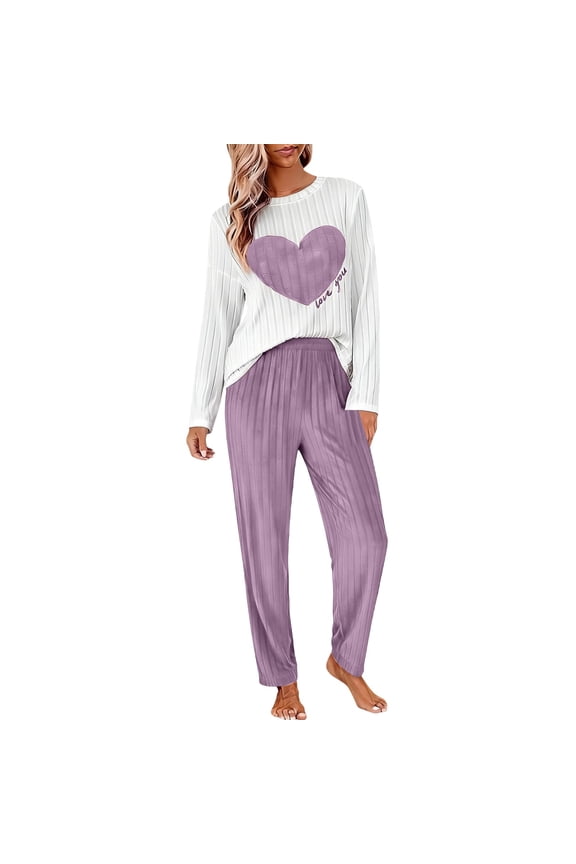 Valentine's Day Pajamas for Women Set Evening Lounge Womens Pajama Sets Crew Neck Soft Pj Set Elbow Sleeve Matching Pjs for Couples Light Violet