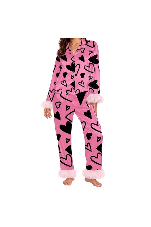 Valentine's Day Pajamas for Women Set Evening Lounge Womens Pajama Sets V Neck Soft Pj Set Long Sleeve Shirts Matching Pjs for Couples Hot Pink
