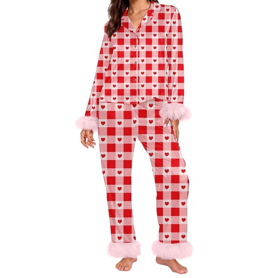 Valentine's Day Pajamas for Women Set Evening Lounge Womens Pajama Sets V Neck Soft Pj Set Long Sleeve Shirts Matching Pjs for Couples Red