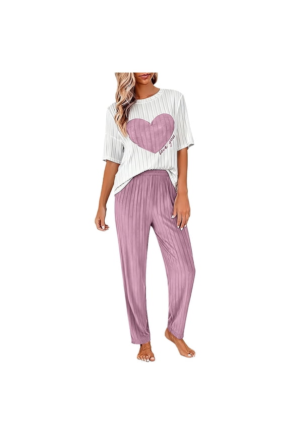 Valentine's Day Pajamas for Women Set Fall Fashion Must Have Womens Pajama Sets Crew Neck Fitness Pj Set Elbow Sleeve Matching Pjs for Couples Purple