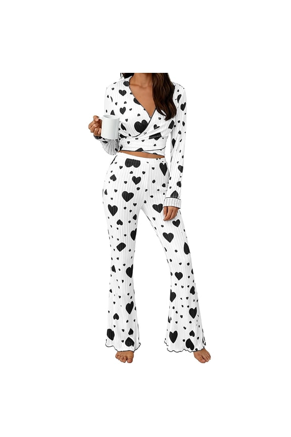 Valentine's Day Pajamas for Women Set Fall Fashion Must Have Womens Pajama Sets V Neck Fitness Pj Set Long Sleeve Matching Pjs for Couples Black