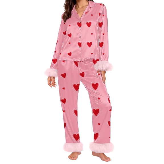 Valentine's Day Pajamas for Women Set Fall Fashion Must Have Womens Pajama Sets V Neck Fitness Pj Set Long Sleeve Matching Pjs for Couples Hot Pink