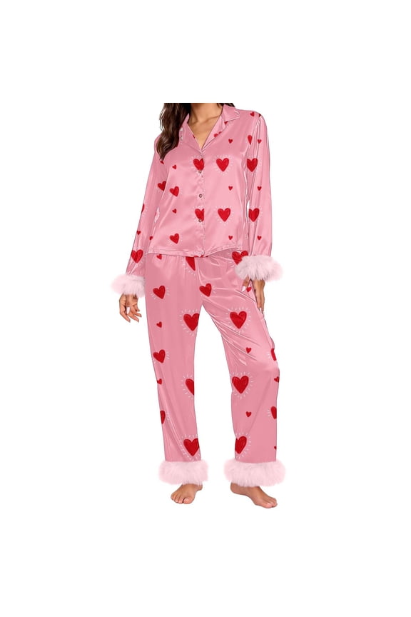 Valentine's Day Pajamas for Women Set Fall Fashion Must Have Womens Pajama Sets V Neck Fitness Pj Set Long Sleeve Matching Pjs for Couples Hot Pink