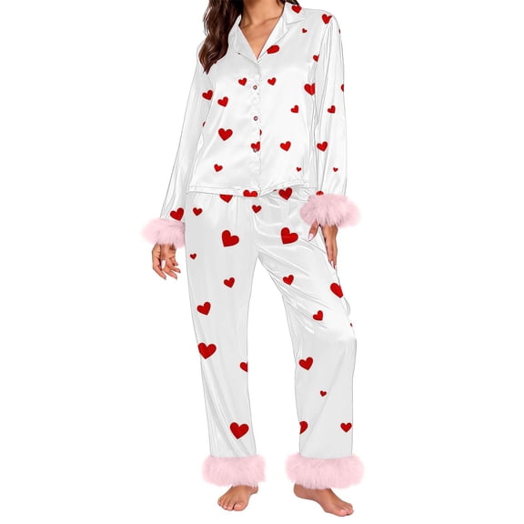 Valentine's Day Pajamas for Women Set Fall Fashion Must Have Womens Pajama Sets V Neck Fitness Pj Set Long Sleeve Matching Pjs for Couples White