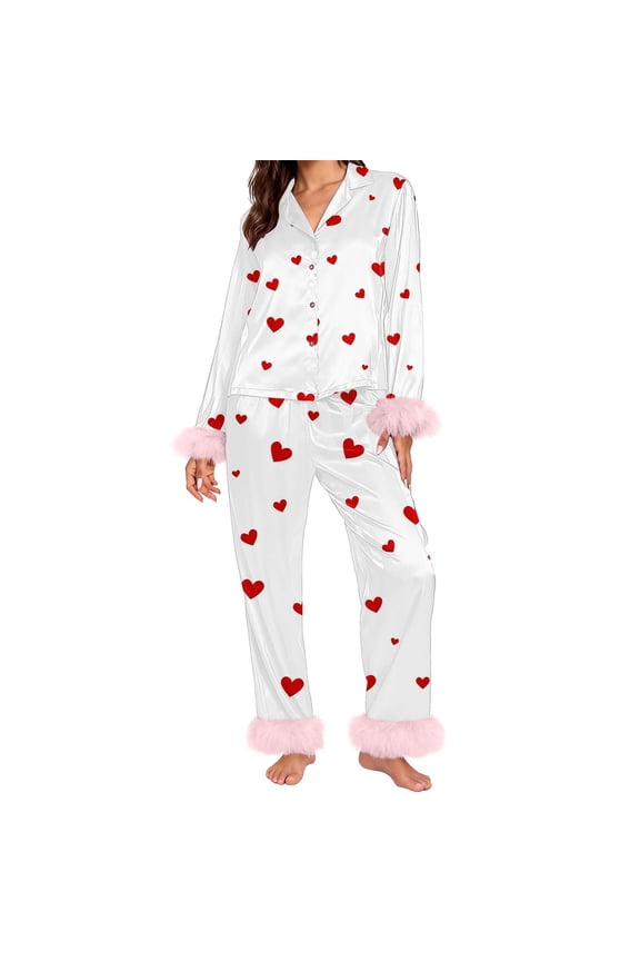 Valentine's Day Pajamas for Women Set Fall Fashion Must Have Womens Pajama Sets V Neck Fitness Pj Set Long Sleeve Matching Pjs for Couples White