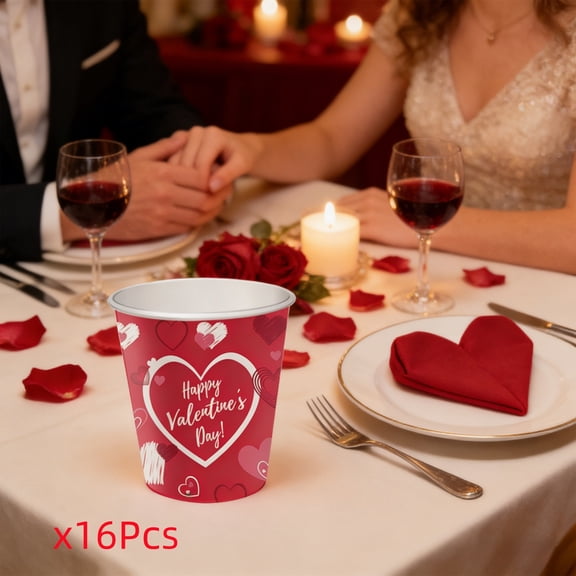 Valentine's Day Paper Cups 16 Pack, Heart Design Disposable Cups for Hot & Cold Beverages, Red Holiday Party Supplies
