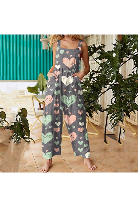 Valentine's Day Party Overalls for Womens Wide Leg Sleeveless Casual Heart Graphic Rompers Valentines Baggy Overalls Jumpers with Pockets
