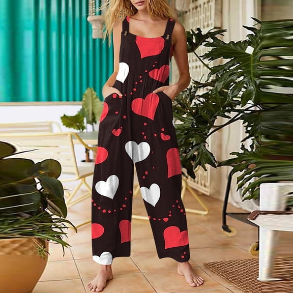 Valentine's Day Party Overalls for Womens Wide Leg Sleeveless Pants Casual Heart Graphic Valentine's Romper with Pockets 2026