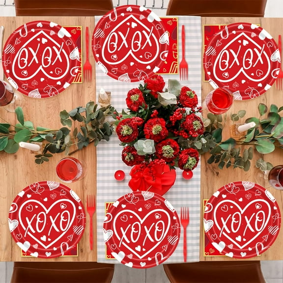 Valentine's Day Party Plates Disposable Paper Dinnerware Set Heart Themed Decorations for Romantic Celebrations Anniversary Dinner Tableware Bulk Pack