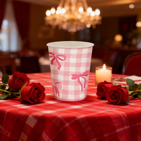 Valentine's Day Party Supplies Disposable Paper Plates Cups Napkins with Bow for Heart Themed Decorations Holiday Celebration Dinner Tableware(24 pcs Cups)