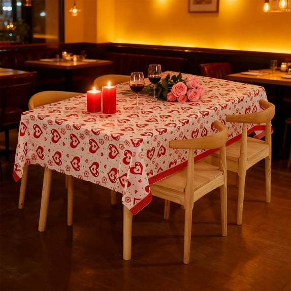 Valentine's Day Party Tablecloth with Heart Design, Holiday Table Cover for Weddings and Celebrations, Fits Large Tables up to 8 Feet, Festive Decoration for Romantic Dinners