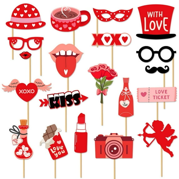 Valentine's Day Photo Booth Props Frame Love Heart Kiss Selfie Photobooth Props Photoshoot for Wedding Anniversary Backdrop Decorations (1 piece photo frame +20 pieces photo props)