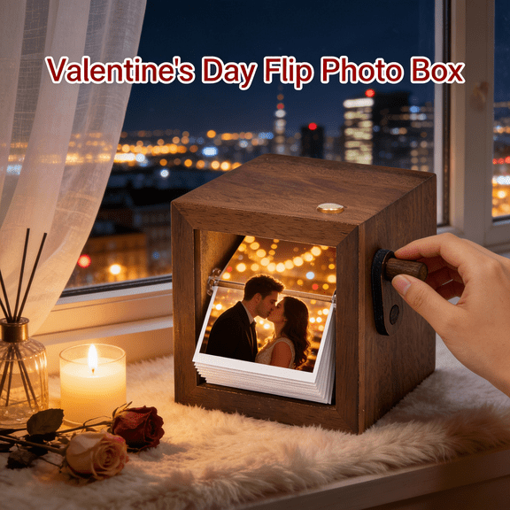 Valentine's Day Photo Flip Box, Hand-crank Flipbook Box Album, Custom Hand-crank Flipbook Box Album with Light, Personalized Photo Gifts for Women,Couples