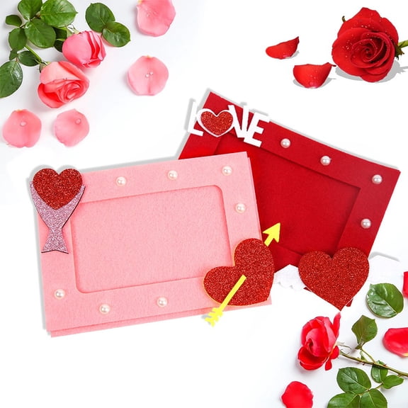 Valentine's Day Photo Frame Couples' Memory Display Non Woven Heart Shaped Design Ideal for Romance Desktop Ornament, 20x15 cm, Pink