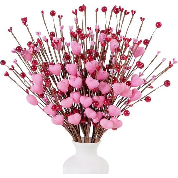 Valentine‘s Day Picks, 6in Heart Shaped Berry Picks, Artificial Pink Berry Stems Heart Berry Branches for Valentine‘s Day Wedding Anniversary Decor