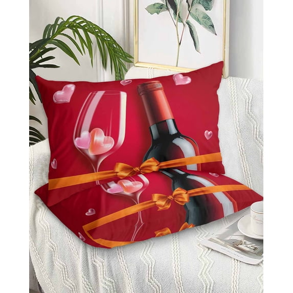 Valentine's Day Pillow Cases Standard Size Set of 2 - Microfiber Bed Throw Pillow Covers, Romantic Love Wine Glass Cup Bow Abstract Red Decorative Lumbar Pillow Cover with Envelope Closure 20"x26"