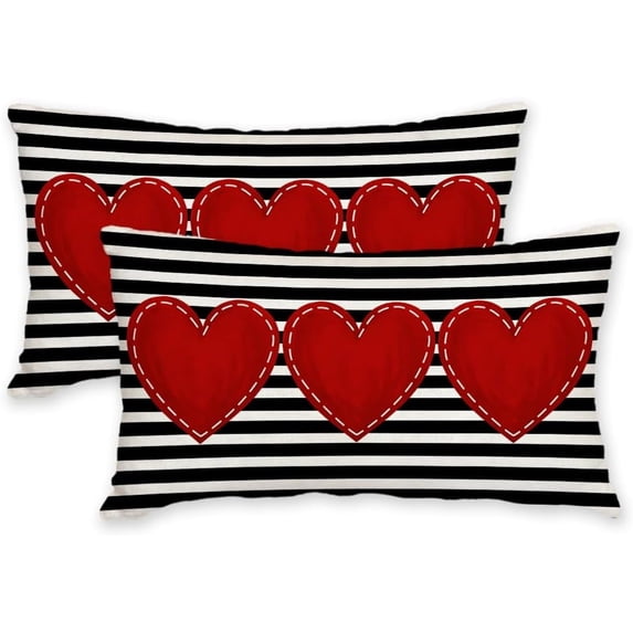 Valentine''s Day Pillow Cover 12X20 Inch Set of 2,Striped Red Heart Decorations Holiday Farmhouse Decorative Pillow Case for Sofa Couch Decor AK003-12