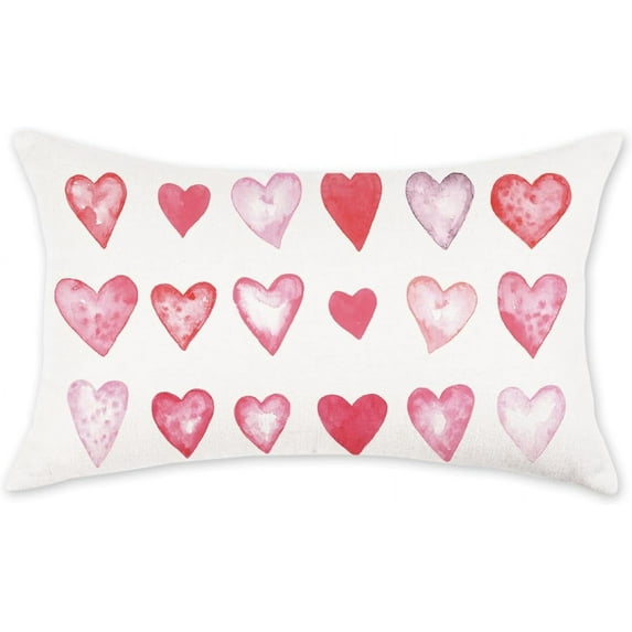 Valentine''s Day Pillow Cover 12x20 Red Pink Heart Watercolor Decoration Valentine Lumbar Throw Cushion Case for Bedroom Sofa Couch Home Decor