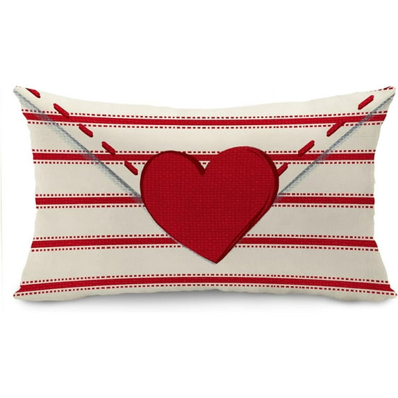 Valentine''s Day Pillow Covers 12x20 Inch Red Hearts Red Stripe Decor White Throw Pillow Covers Valentine''s Day Cushion Case Decoration for Sofa Couch 050B