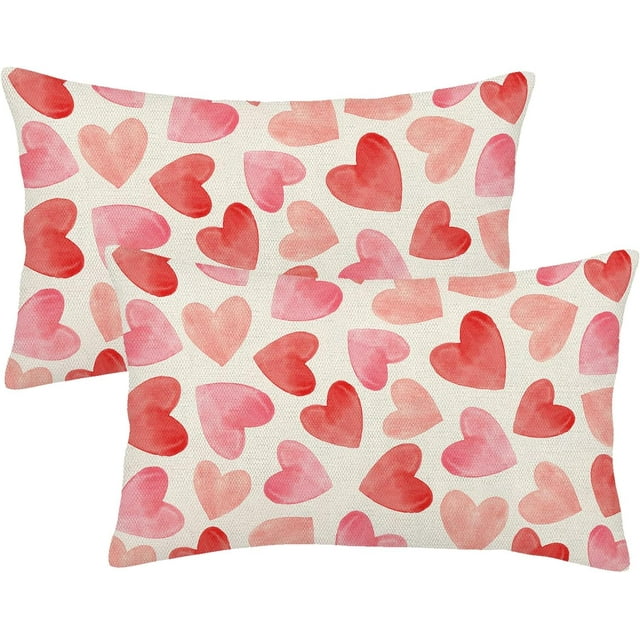 Valentine''s Day Pillow Covers 12x20 Set of 2, Watercolor Red Pink