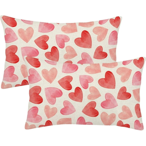 Valentine''s Day Pillow Covers 12x20 Set of 2, Watercolor Red Pink Hearts Throw Pillows Linen Anniversary Wedding Cushion Case Valentine''s Day Decorations for Home Sofa Couch Outdoor