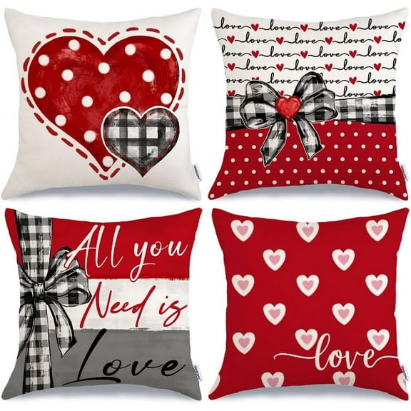 Valentine''s Day Pillow Covers 16 x 16 Inch Set of 4, Valentines Decor Polka Dots Red Hearts Love Buffalo Plaid Bowknot Decorative Pillowcases for Home Sofa Couch Cushion Decoration G442-16