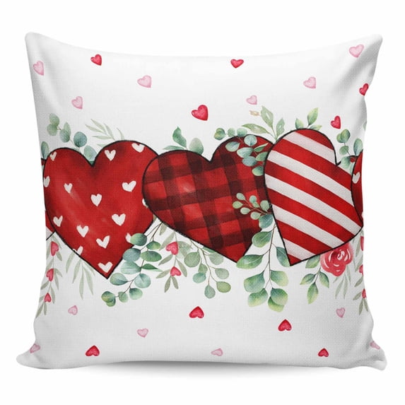 Valentine's Day Pillow Covers 16x16 Inch Decorative Throw Pillow Cover, Red Strip Plaid Love Eucalyptus Watercolor Sofa Pillowcases Accent Cushion Case Home Decor Bedroom Living Room