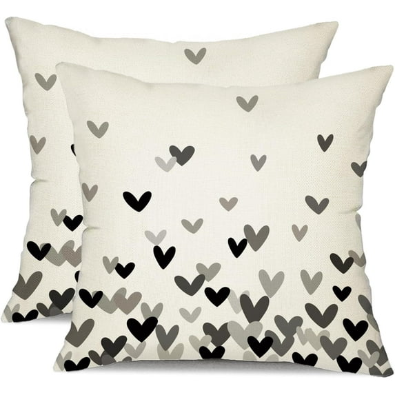 Valentine''s Day Pillow Covers 16x16 Inch Set of 2 Small Black Grey Hearts Decor White Throw Pillow Covers Valentine''s Day Cushion Case Decoration for Sofa Couch 56D
