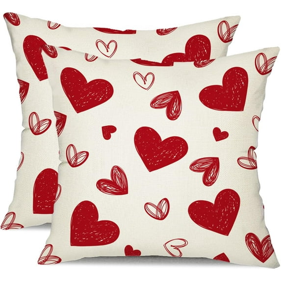 Valentine''s Day Pillow Covers 16x16 Inch Set of 2 Red Hearts Decor White Throw Pillow Covers Valentine''s Day Cushion Case Decoration for Sofa Couch