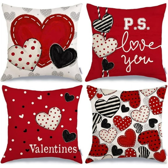 Valentine's Day Pillow Covers 18 x 18 Inch Set of 4, Valentines Polka Dots Red Hearts Love Decorative Pillowcases for Home Sofa Couch Cushion Decoration G446-18