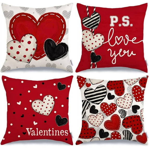 Valentine's Day Pillow Covers 18 x 18 Inch Set of 4, Valentines Polka Dots Red Hearts Love Decorative Pillowcases for Home Sofa Couch Cushion Decoration G446-18