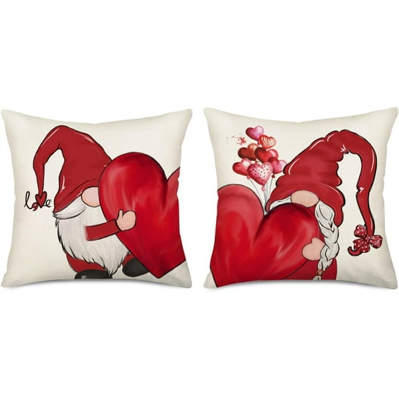 Valentine’s Day Pillow Covers 18x18 Inch Set of 2 Gnomes Throw Pillow Covers Red Love Heart Holiday Valentine''s Day Decoration Pillows Indoor Outdoor Living Room Bed Sofa Home Decor