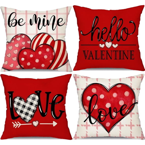 Valentine''s Day Pillow Covers 18x18 Inch Set of 4 Hello Valentine Polka Dot Love Striped Love Decor Throw Pillow Covers Valentine''s Day Cushion Case Decoration for Sofa Couch