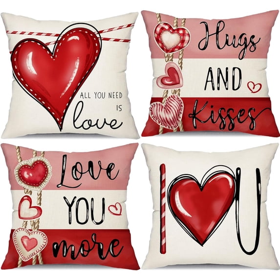 Valentine''s Day Pillow Covers 18x18 Inch Set of 4 Hugs and Kisses I Love You Decor Throw Pillow Covers Happy Valentine Stripe Decorative Throw Pillows Valentines Day Decor for Home Sofa 164B