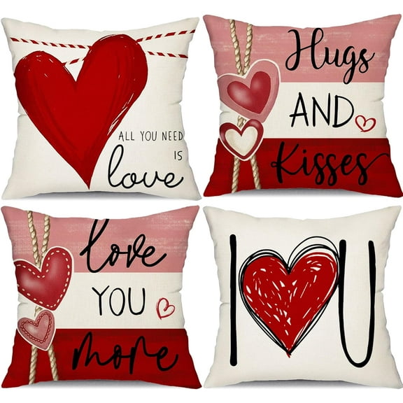 Valentine''s Day Pillow Covers 18x18 Inch Set of 4 Hugs and Kisses I Love You Decor Throw Pillow Covers Happy Valentine Stripe Decorative Throw Pillows Valentines Day Decor for Home Sofa 164