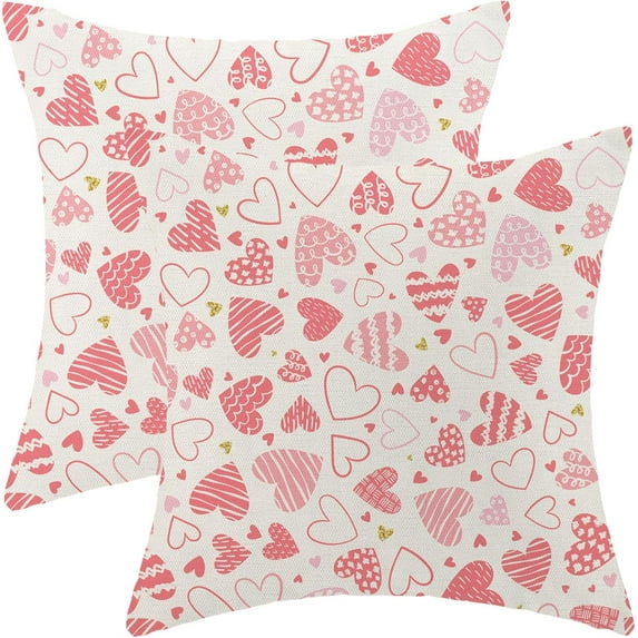 Valentine''s Day Pillow Covers 18x18 Set of 2, Pink Love Hearts Throw Pillows Linen Anniversary Wedding Cushion Case Valentine''s Day Decorations for Home Sofa Couch Outdoor