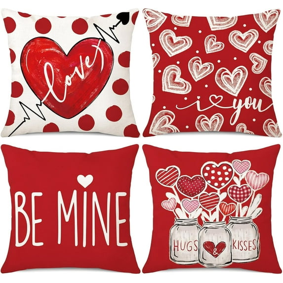 Valentine''s Day Pillow Covers 18x18 Set of 4 Red Polka Dots Hearts Love Be Mine Valentine''s Day Decoration Cushion Case for Sofa in-Outdoor Home Decor