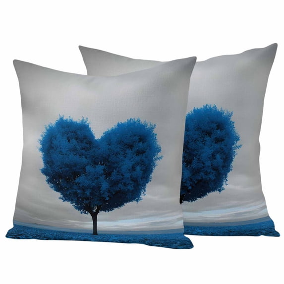 Valentine's Day Pillow Covers 2 Pack Romantic Spring Blue Maple Leaf Love Heart Tree Grey Pillowcase Waterproof Outdoor Throw Pillow Cover for Patio Garden Square Cushion 24”x24”