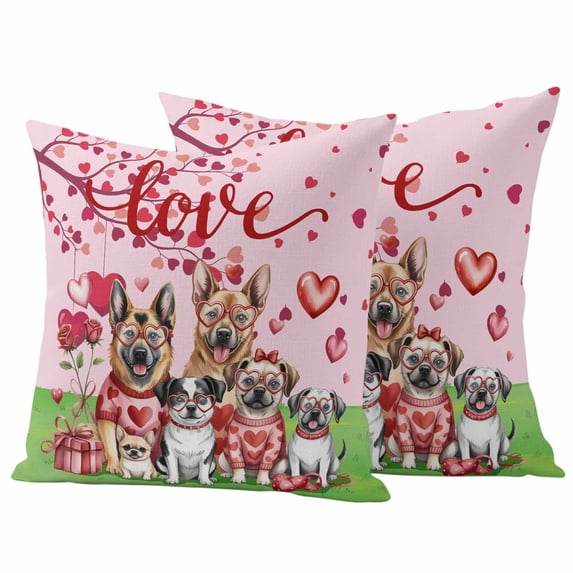 Valentine's Day Pillow Covers 2 Pack Watercolor Cute Dogs Red Rose Floral Love Heart Tree Pink Pillowcase Waterproof Outdoor Throw Pillow Cover for Patio Garden Square Cushion 26”x26”