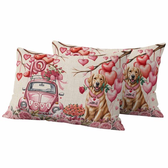Valentine's Day Pillow Covers 2 Pack Watercolor Dog Pink Truck Roses Love Heart Tree Linen Texture Pillowcase Waterproof Outdoor Throw Pillow Cover for Patio Balcony Rectangular Cushion 20”x12”