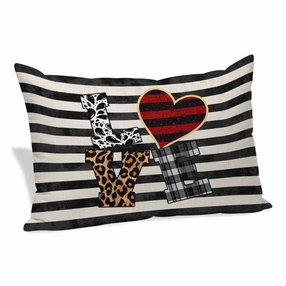 Valentine's Day Pillow Covers, Linen Long Throw Pillow Case, Love Heart Black Striped Farmhouse Holiday Pillow Protector Decorative Cushion Cover for Living Room/Bedroom 20" x 26"