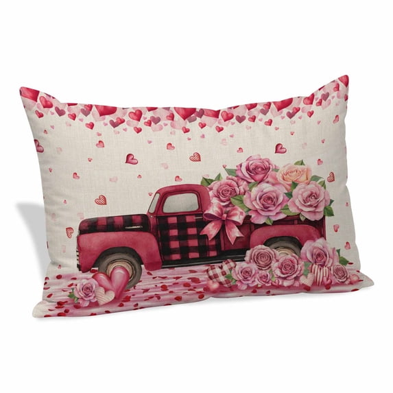 Valentine's Day Pillow Covers, Linen Long Throw Pillow Case, Romantic Love Truck Roses Plaid Beige Holiday Pillow Protector Decorative Cushion Cover for Living Room/Bedroom 16" x 24"